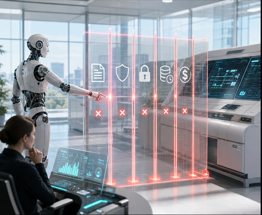A humanoid robot reaches toward a production console while red verification barriers block unsafe AI agent actions.