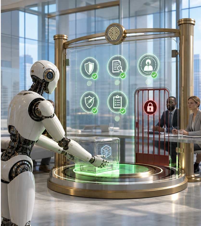 A humanoid robot product steward presents an AI feature package at a formal release gate while executives inspect policy, privacy, citation, and audit controls.