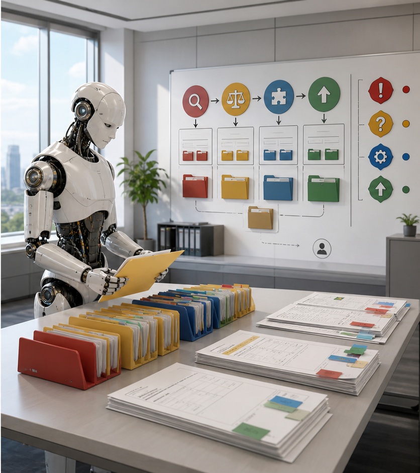 A humanoid robot analyst sorts messy business exceptions, invoices, CRM notes, and evidence tabs into case folders on an operations table.