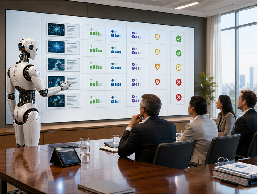 A humanoid robot portfolio manager presents competing AI pilot investments to executives in a boardroom with risk, cost, and adoption signals.