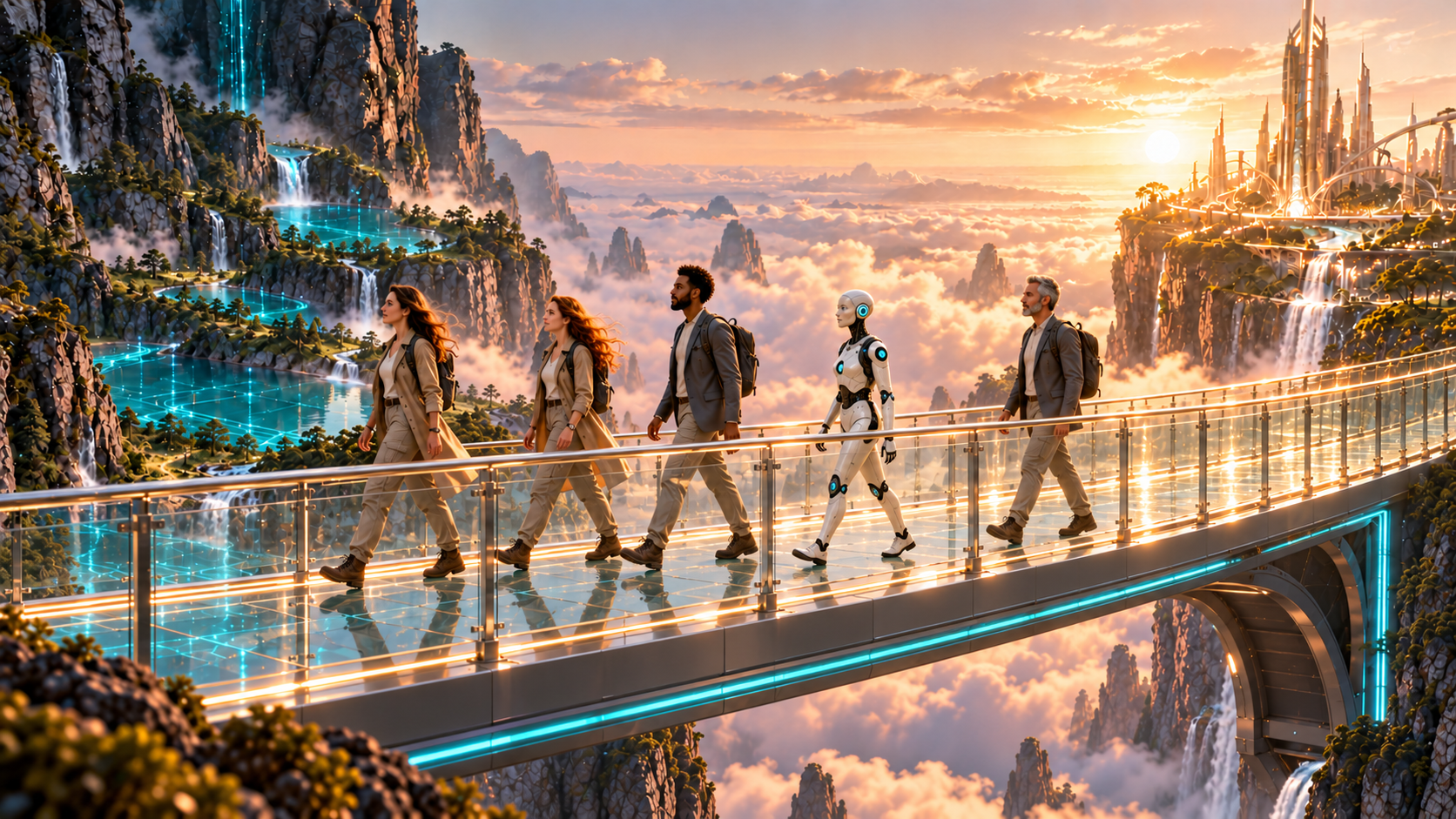 A human project team and a human-sized android walk across a bridge above data lakes toward a city.